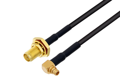 MMCX プラグ 直角 〜 SMA メス バルクヘッド ケーブル、LMR-100 同軸 、熱収縮チューブ付