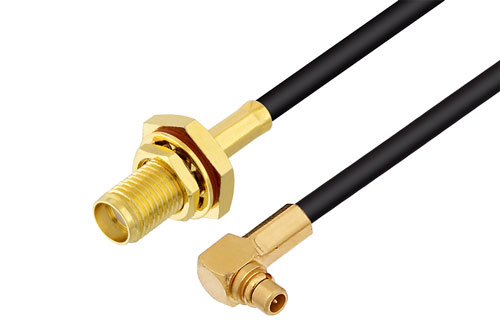SMA メス バルクヘッド ～ MMCX プラグ 直角 低損失 ケーブル,  LMR-100 同軸 , 鉛フリーはんだ
