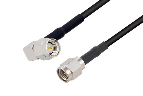 SMA オス 直角 ～ SMA オス 低損失ケーブル, LMR-100 同軸, 熱収縮チューブ付