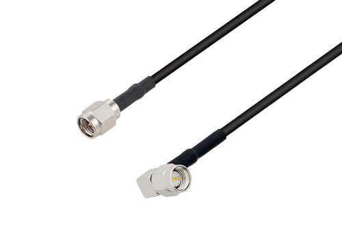 SMA オス 〜 SMA オス 直角ケーブル、LMR-100 同軸、熱収縮チューブ、鉛フリーはんだ