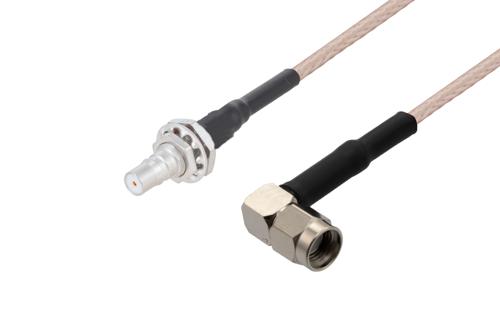 QMA メス バルクヘッド ～ 逆極性 SMA オス 直角 ケーブル, RG316-DS 同軸, 熱収縮チューブ付