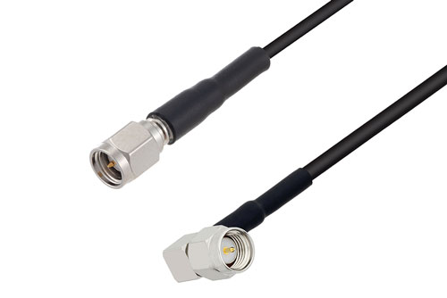 SMA オス 〜 SMA オス 直角、低損失ケーブル、LMR-100 同軸、熱収縮チューブ、鉛フリーはんだ