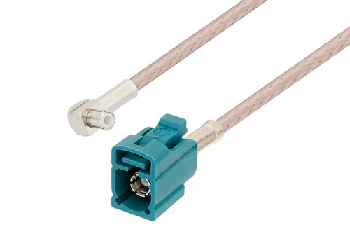 Water Blue FAKRA Jack to MCX Plug Right Angle Cable Using RG316 Coax , LF Solder