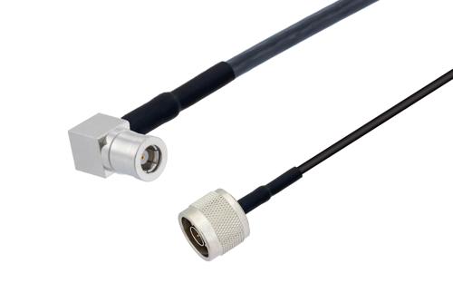 SMB プラグ 直角 ～ N オス 低損失ケーブル, LMR-100 同軸, 熱収縮チューブ付, 鉛フリーはんだ