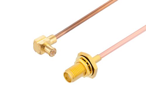 SMA メス バルクヘッド 〜 MCX プラグ 直角ケーブル、RG405 同軸