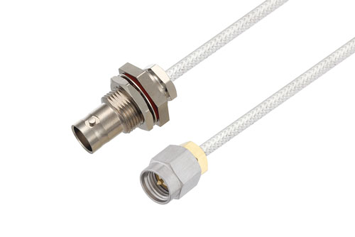 BNC メス バルクヘッド 〜 SMA オス ケーブル、PE-SR405FL 同軸、鉛フリーはんだ