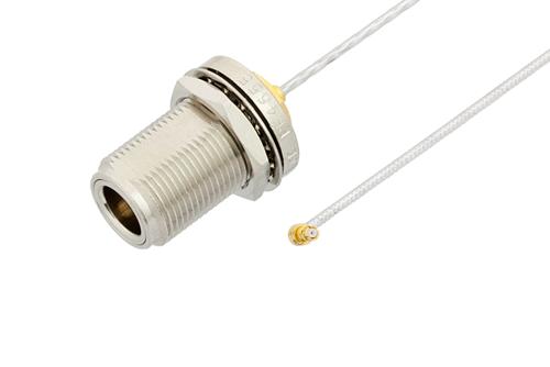 N メス バルクヘッド 〜 SMP メス 直角ケーブル、PE-SR405FL 同軸