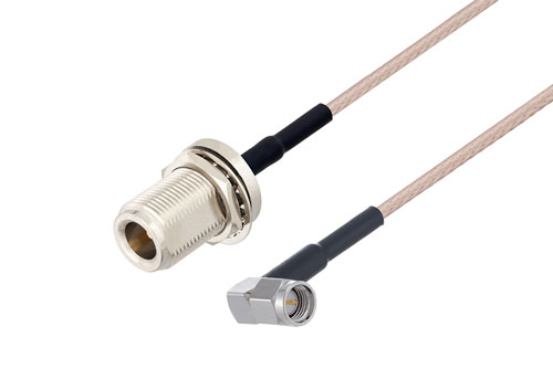 N メスバルクヘッド 〜 SMA オス直角 ケーブル、RG316-DS 同軸