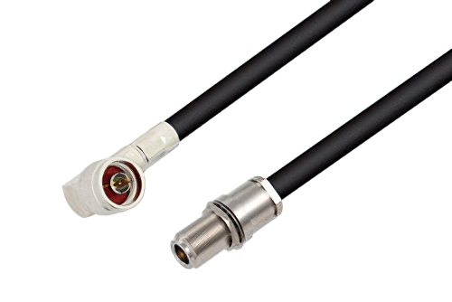 N オス直角 〜 N メス バルクヘッド ケーブル、RG213 同軸 、鉛フリーはんだ