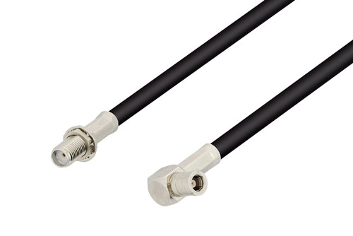SMA メスバルクヘッド 〜 SMB プラグ 直角 ケーブル、RG58 同軸