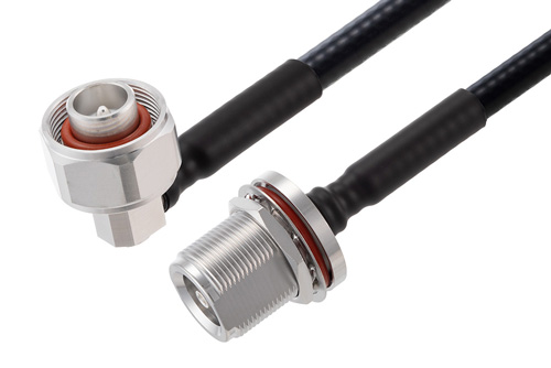 4.1/9.5 Mini DIN オス直角 ～ 4.1/9.5 Mini DIN メス バルクヘッド 低 PIM, ケーブル 1/4 インチ 超フレキ同軸