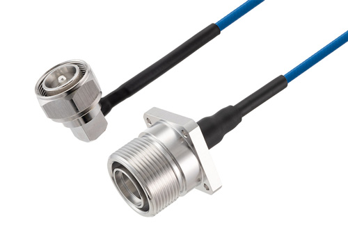 4.3-10 オス 直角 ～ 7/16 DIN メス 4 穴フランジ 低PIM ケーブル,  TFT-402 同軸,  Times Microwave 製品