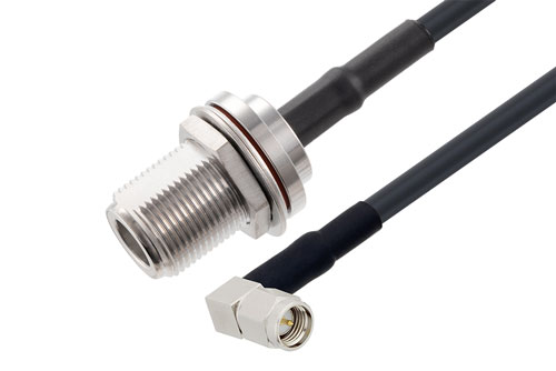 N メス バルクヘッド ～ SMA オス直角, ケーブル LMR-200-UF 同軸, 熱収縮チューブ