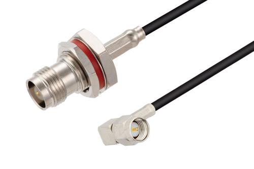 TNC メス バルクヘッド ～ SMA オス 直角 低損失ケーブル, LMR-100 同軸, 鉛フリーはんだ