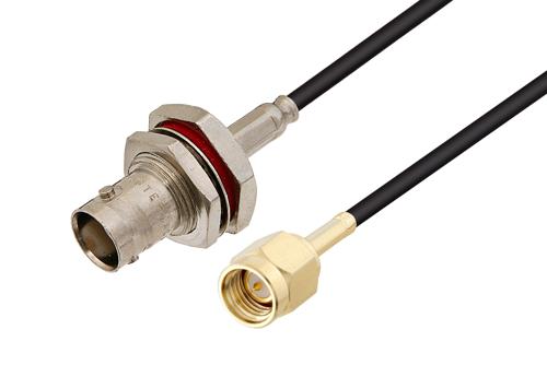 BNC メス バルクヘッド ～ SMA オス, ケーブル RG174 同軸 , 鉛フリーはんだ