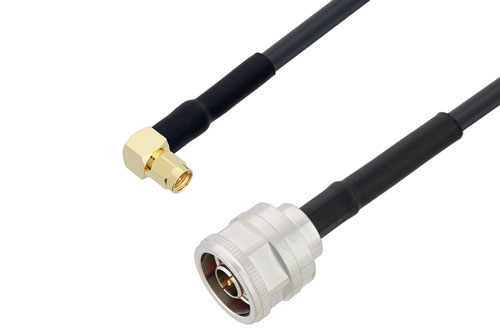SMA Male Right Angle to N Male Cable Using LMR-240 Coax with HeatShrink, LF Solder