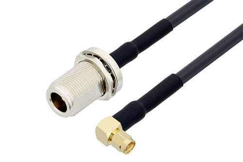 N メス バルクヘッド 〜 SMA オス 直角ケーブル、LMR-240 同軸、熱収縮チューブ、鉛フリーはんだ