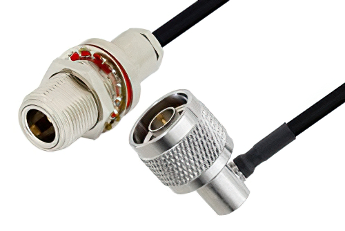 N メス バルクヘッド 〜 N オス 直角ケーブル、PE-SR402FLJ 同軸