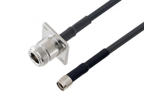 逆極性 SMA プラグ ～ N メス 4 穴フランジ 低損失 ケーブル,  LMR-195 同軸,  熱収縮チューブ付