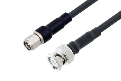 SMA オス 〜 BNC オス ケーブル、LMR-200-UF 同軸、熱収縮チューブ、鉛フリーはんだ