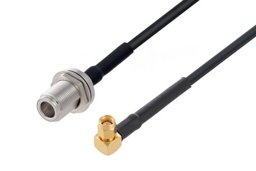 N メスバルクヘッド 〜 SMA オス直角 ケーブル、LMR-200 同軸 、熱収縮チューブ付