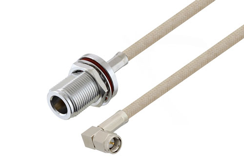 N メスバルクヘッド 〜 SMA オス直角 ケーブル、RG141 同軸