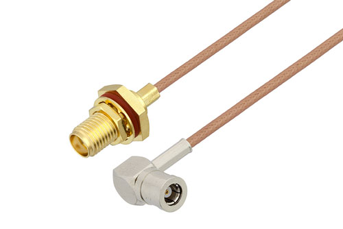 SMB プラグ 直角 〜 SMA メス バルクヘッド ケーブル、RG178 同軸 、鉛フリーはんだ