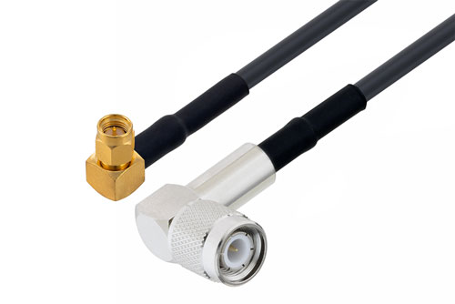 TNC オス直角 〜 SMA オス直角 ケーブル、LMR-200 同軸 、熱収縮チューブ付、鉛フリーはんだ