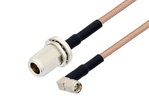 N メス バルクヘッド ～ SMA オス 直角 低損失 ケーブル,  PE-P195 同軸,  熱収縮チューブ付
