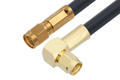 SMA オス直角 ～ SMA オス, ケーブル RG8X 同軸 , 鉛フリーはんだ