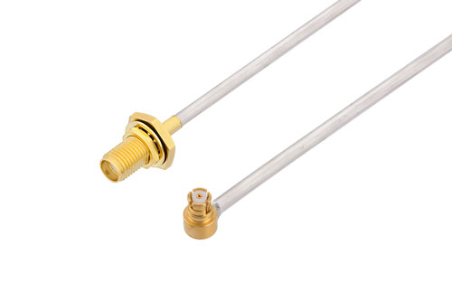 SMA メス バルクヘッド 〜 SMP メス 直角ケーブル、PE-SR405AL 同軸