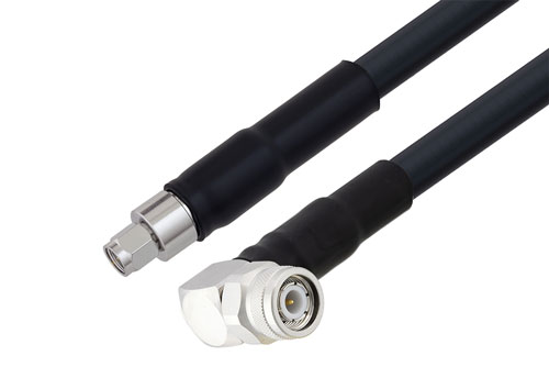 TNC オス 直角 ～ SMA オス 低損失 ケーブル,  LMR-400-UF 同軸 Times Microwave 製品,  熱収縮チューブ付, 鉛フリーはんだ