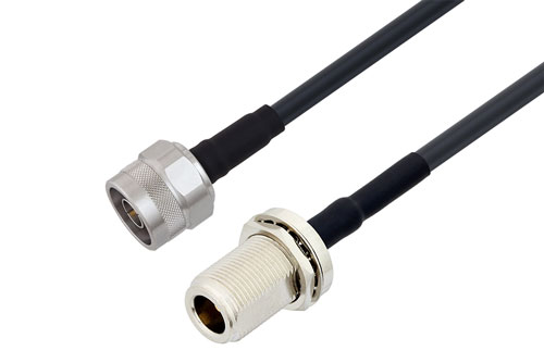 N メスバルクヘッド 〜 N オス ケーブル、LMR-240-UF 同軸 、熱収縮チューブ付