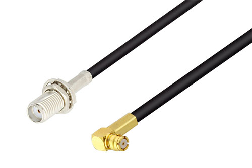 SMA メス バルクヘッド ～ プッシュオン SMP メス 直角 低損失ケーブル LMR-100 同軸, 90 度反転, 長さ 36 インチ