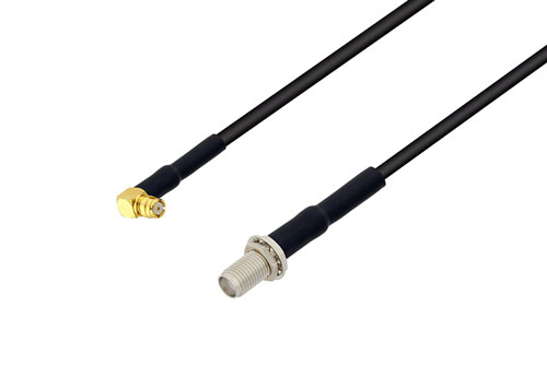 プッシュオン SMP メス 直角 ～ SMA メス バルクヘッド, ケーブル LMR-100 同軸, 熱収縮チューブ