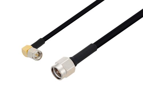 SMA オス 直角 ～ SMA オス ケーブル,  PE-SR402FLJ 同軸,  熱収縮チューブ付
