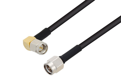 SMA オス直角 〜 SMA オス ケーブル、PE-SR402FLJ 同軸 、熱収縮チューブ付、鉛フリーはんだ