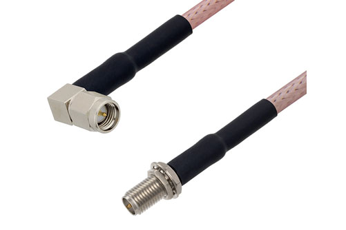 SMA オス直角 〜 逆極性 SMA メス バルクヘッド ケーブル、RG142 同軸 、熱収縮チューブ付