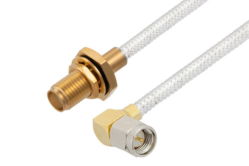 SMA Male Right Angle to SMA Female Bulkhead Cable Using PE-SR402FL Coax , LF Solder