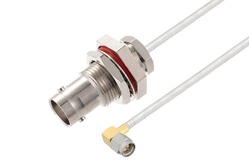 BNC メスバルクヘッド 〜 SMA オス直角 ケーブル、PE-SR402FL 同軸