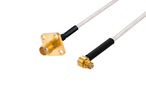 SMA メス 4 穴フランジ ～ SMP メス 直角 ケーブル, PE-SR405AL 同軸, 熱収縮チューブ付