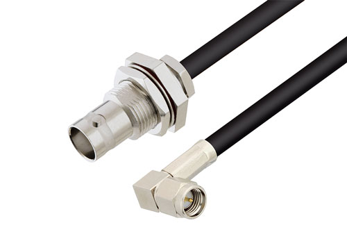 BNC メス バルクヘッド ～ SMA オス直角, ケーブル RG58 同軸