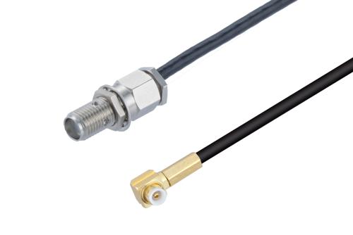 スナップオン MMBX プラグ 直角 ～ SMA メス バルクヘッド, ケーブル LMR-100 同軸