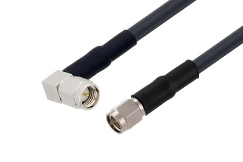 SMA オス直角 ～ SMA オス, ケーブル LMR-195-UF 同軸, 熱収縮チューブ, 鉛フリーはんだ