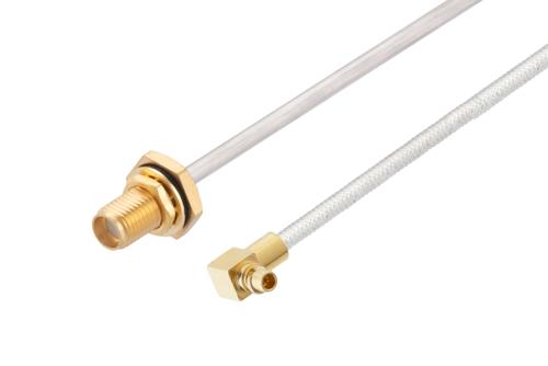 MMCX プラグ 直角 ～ SMA メス バルクヘッド, ケーブル PE-SR405AL 同軸