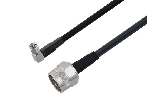 SMA オス 直角 ～ N オス 低損失ケーブル, LMR-240 同軸, Times Microwave 製品使用, 熱収縮チューブ付, 鉛フリーはんだ