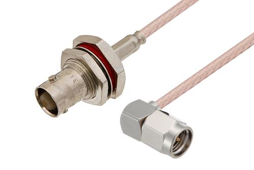 SMA オス 直角 ～ BNC メス バルクヘッド ケーブル, RG316-DS 同軸, 鉛フリーはんだ