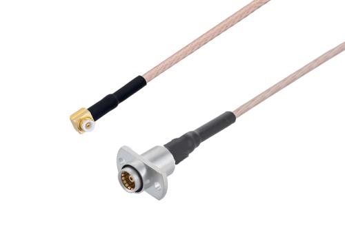 スナップオン MMBX プラグ 直角 ～ スライドオン BMA ジャック 2 穴フランジ ケーブル, RG316 同軸, 熱収縮チューブ付