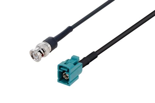 BNC オス ～ 水色 FAKRA ジャック 低損失ケーブル, LMR-100 同軸, 熱収縮チューブ付