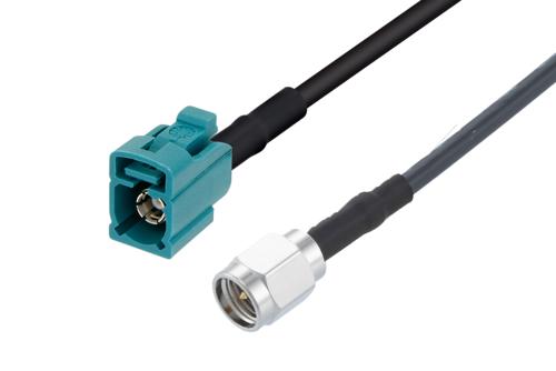 水色 FAKRA ジャック ～ SMA オス 低損失ケーブル, LMR-100A-UF 同軸, 熱収縮チューブ付